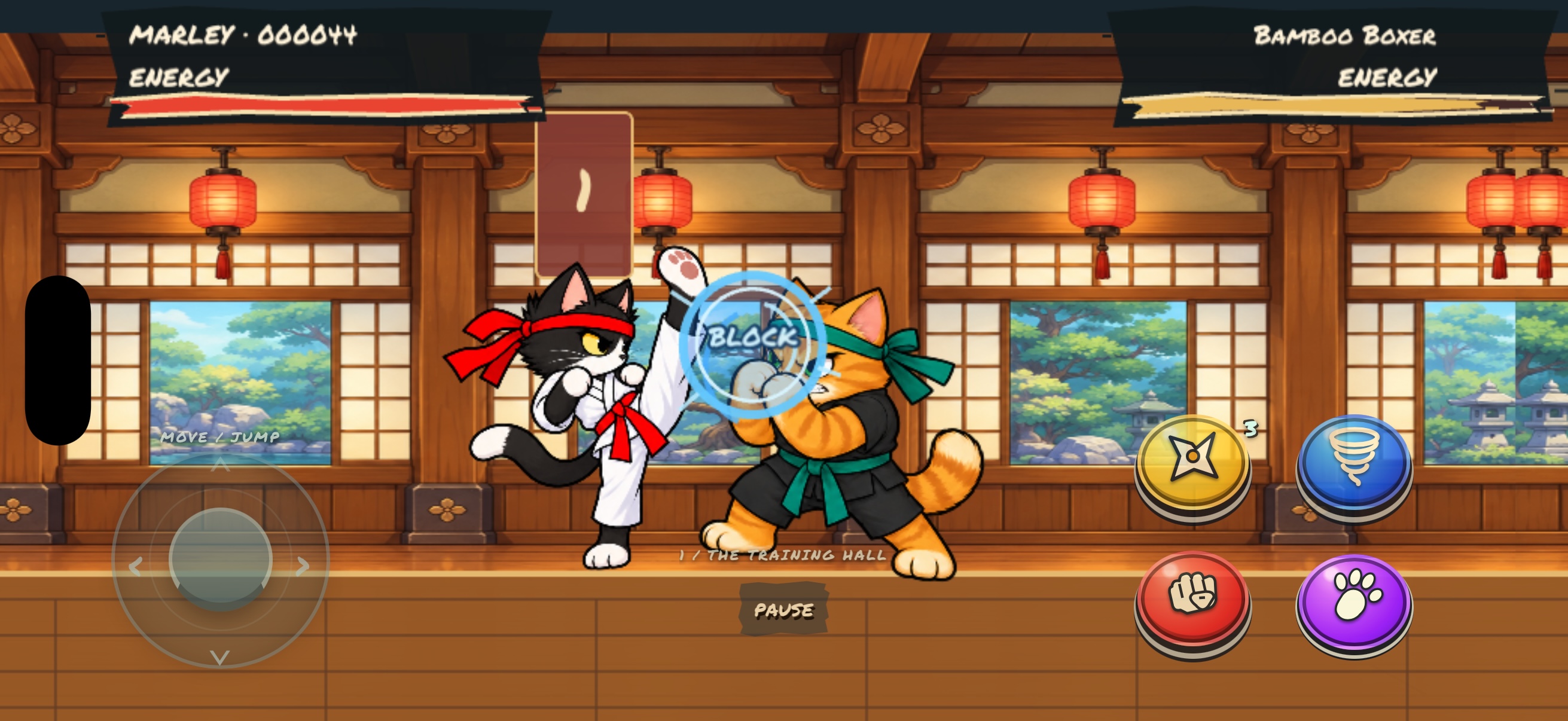 Actual iPhone gameplay: Marley delivers a high kick while Bamboo Boxer blocks in the Training Hall